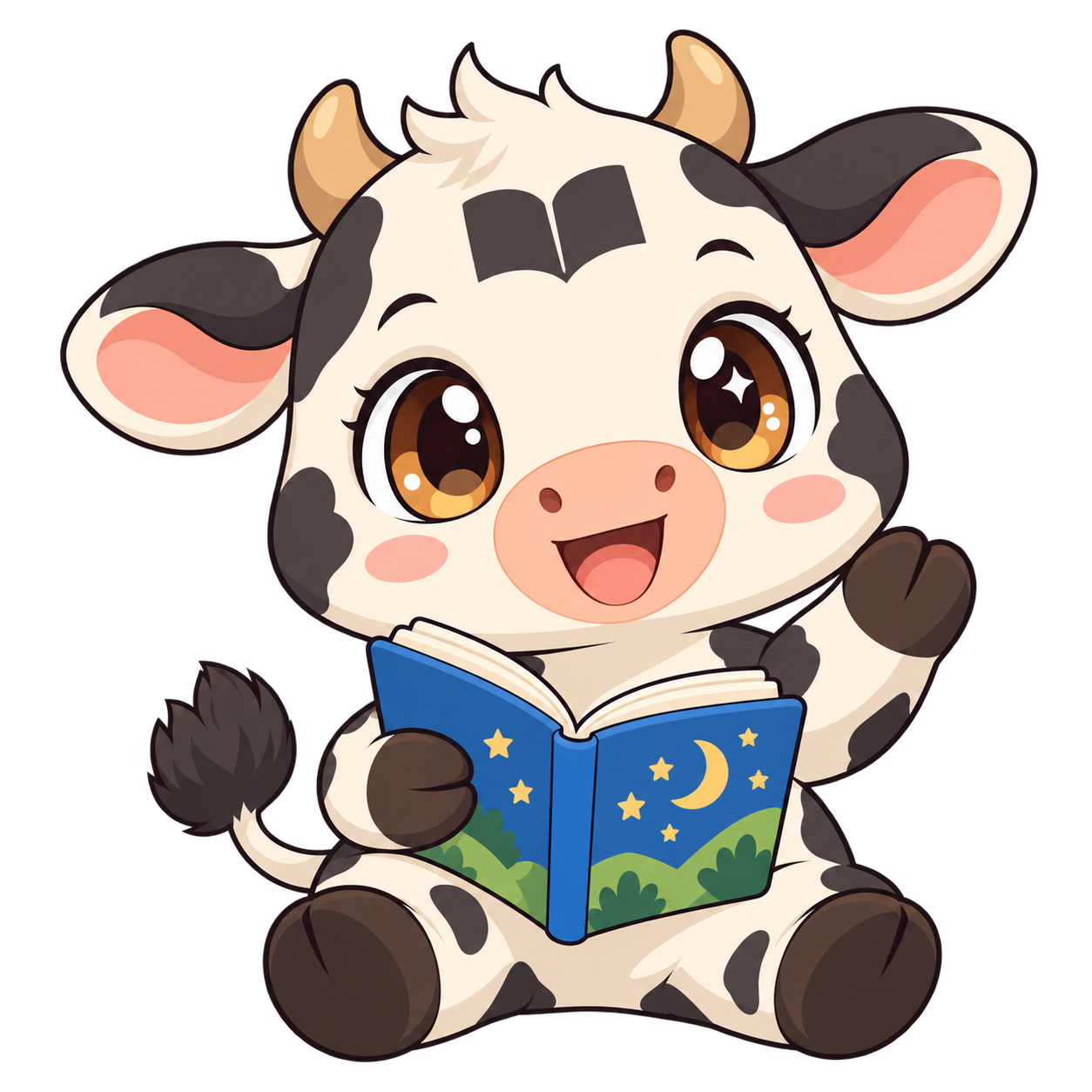 Moo, a cheerful little cow with big sparkling eyes, waving a hoof and holding a storybook.